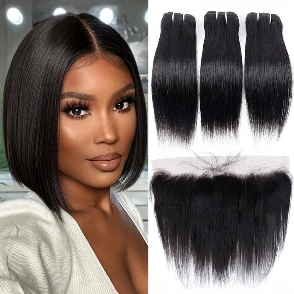 Brazilian Bone Straight Hair Bundles With Frontal Closure 100% Human Hair 3 Bundles With 13X4 Transparent Ear To Ear Lace Front