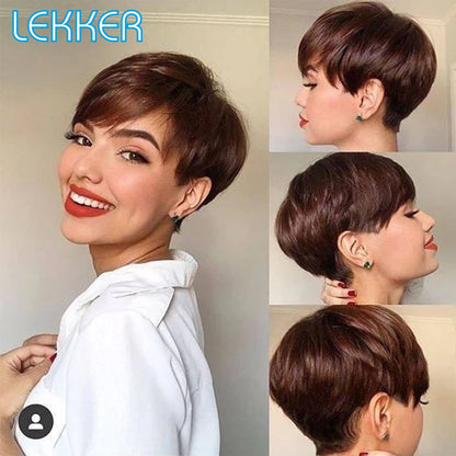 Lekker Colored Short Pixie Cut Straight Bob 100% Human Hair Wigs With Bangs For Women Brazilian Remy Hair Burgundy Red Clearance