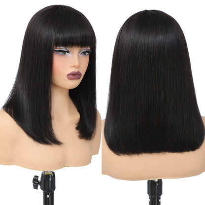 Short Bob Wig with Bangs Straight Human Hair 180% Density