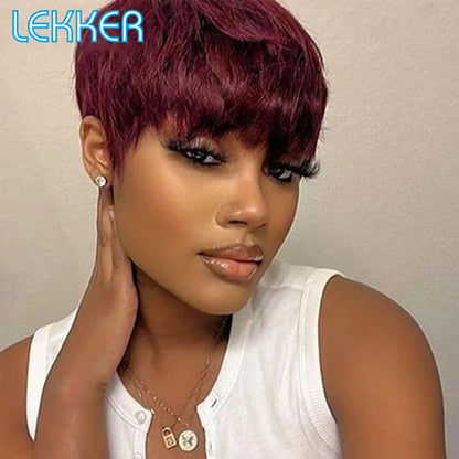 Lekker Colored Short Pixie Cut Straight Bob 100% Human Hair Wigs With Bangs For Women Brazilian Remy Hair Burgundy Red Clearance