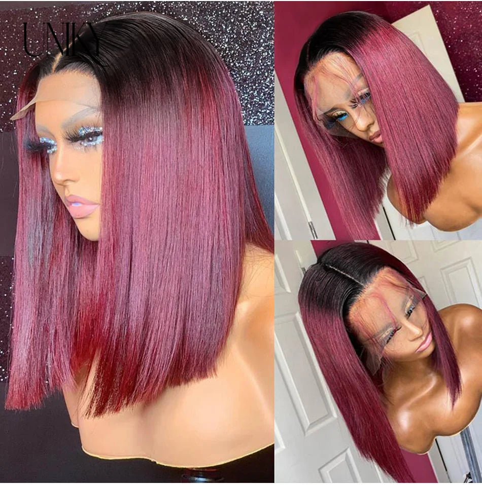 Burgundy Red Straight Bob T Part Lace Front Human Hair Wig