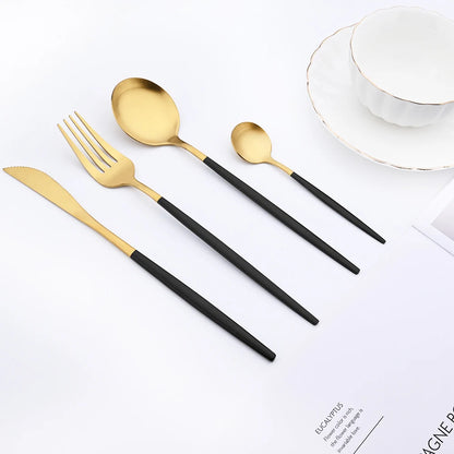 16Pcs Gold Matte Cutlery Set Knife Fork Spoons Dinnerware Set Stainless Steel Tableware