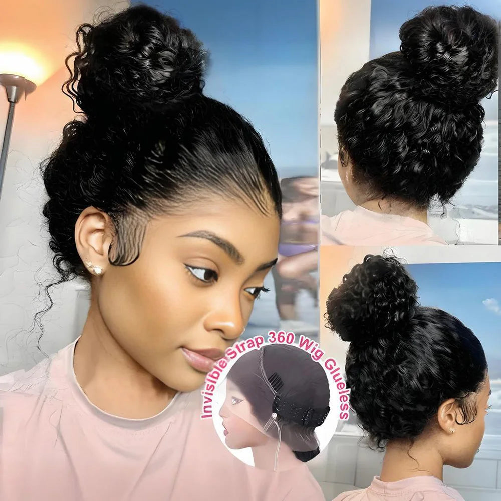 250 Density HD Invisi Strap 360 Full Lace Frontal Kinky Curly Wig 30 inch Black Human Hair Drawstring Snug Water Wig Glueless