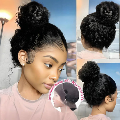 250 Density HD Invisi Strap 360 Full Lace Frontal Kinky Curly Wig 30 inch Black Human Hair Drawstring Snug Water Wig Glueless