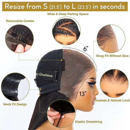 Ossilee 220 Density Pull Go Glueless Wigs with Elastic Drawstring Straight 13x6 HD Lace Front Human Hair Wigs Pre Cut Lace Wig