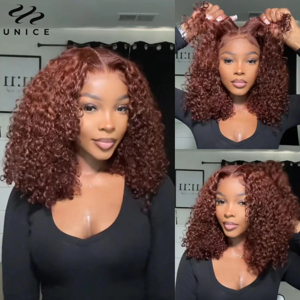 UNice Hair Reddish Brown Curly Wig With Invisi Drawstring 7x5 Lace Pre Cut Pre Bleached Glueless Wig Human Hair 150% Density