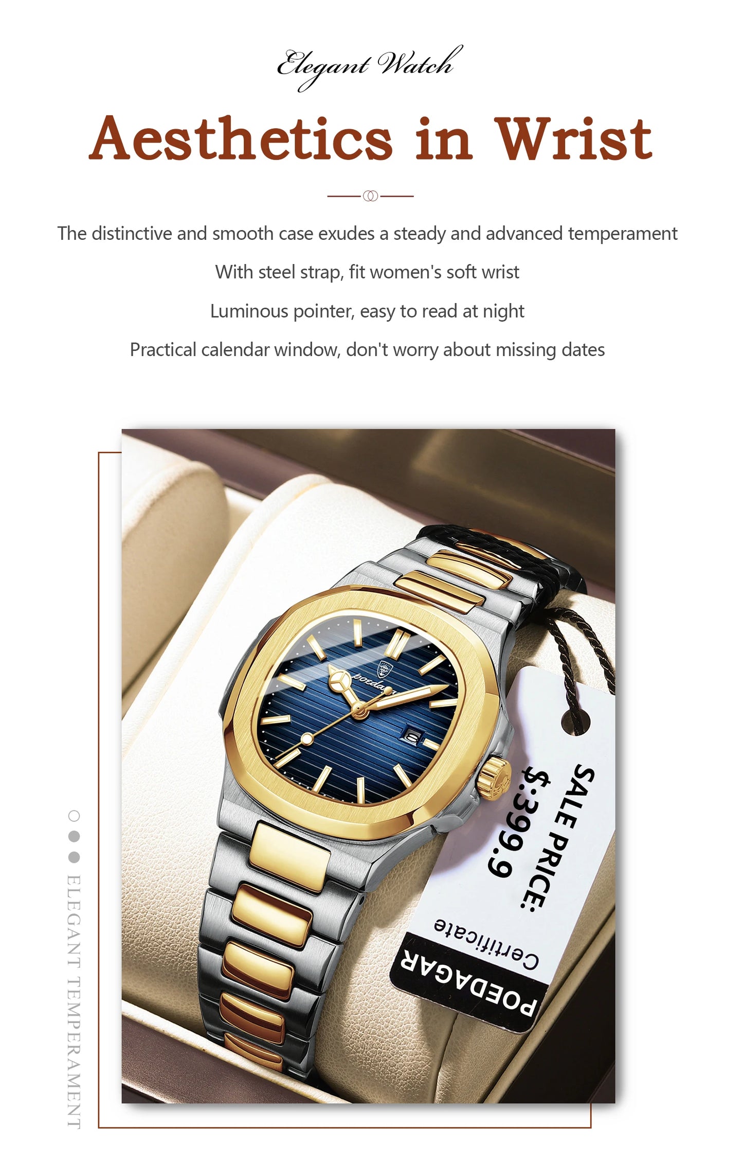 POEDAGAR Luxury Square Watch for Woman Waterproof Luminous