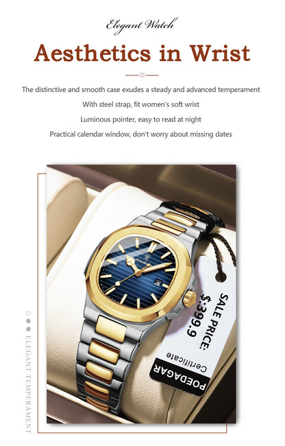 POEDAGAR Luxury Square Watch for Woman Waterproof Luminous