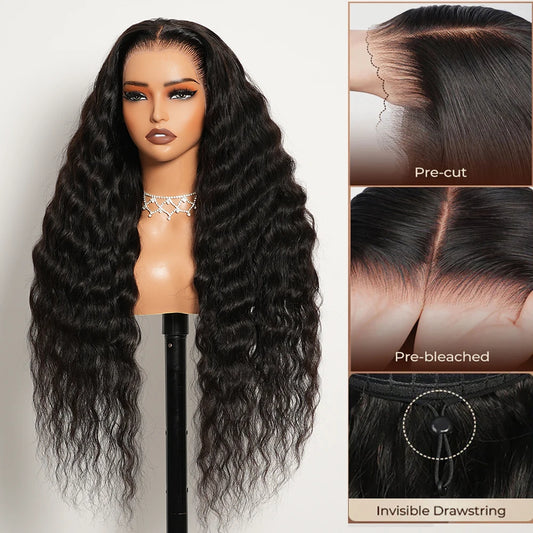 13x6 Three-Go Glueless Wig Natural Curly Wave With Drawstring Natural Black 100% Human Hair