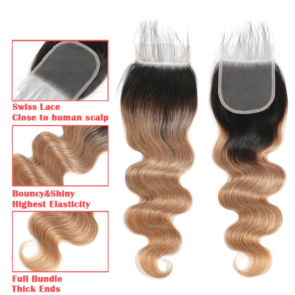 Ombre Color Body Wave Human Hair Bundles with closure 100% Unprocessed Virgin Hair 1b/4/27 Colored Bundles human Hair Extension
