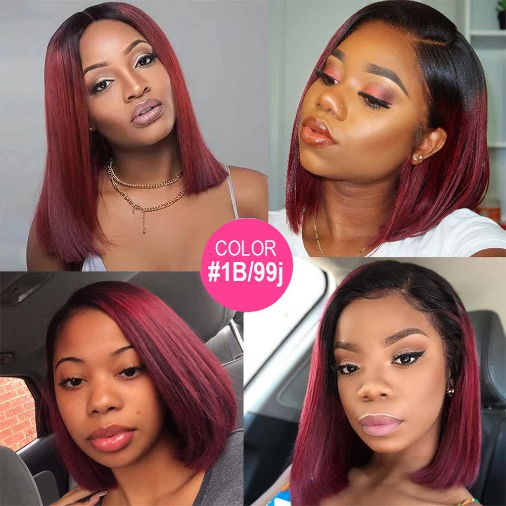 Burgundy Red Straight Bob T Part Lace Front Human Hair Wig