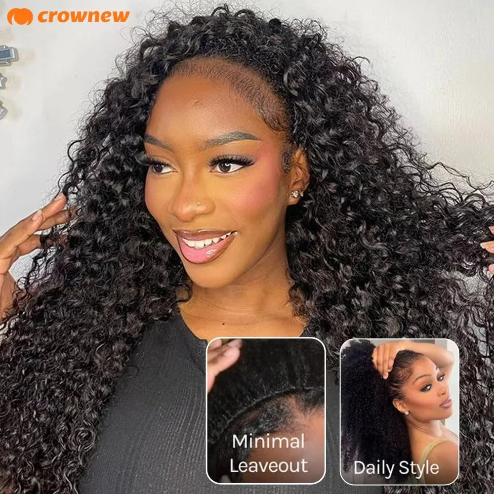 Deep Curly human Hair Wig 3 IN 1 Half Wigs Kinky Curly Human Hair Wig Glueless Wigs With Drawstring Seamless 250% Human Hair Wig