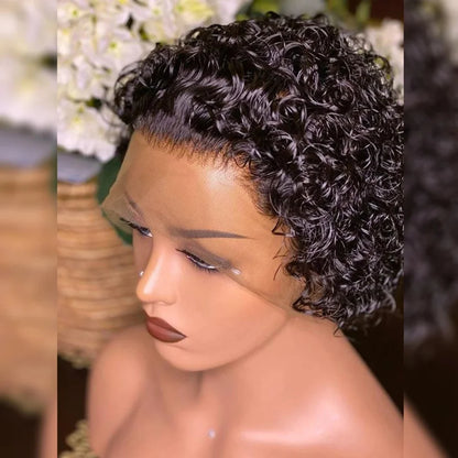 Pixie Cut Wig Colored Lace Wig Spring curl Short Bob Human Hair Wig For Women Natural Black Color Human Hair Cheap Wig 13X1