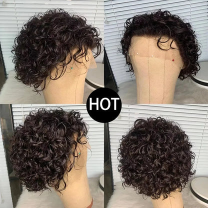 Pixie Cut Wig Colored Lace Wig Spring curl Short Bob Human Hair Wig For Women Natural Black Color Human Hair Cheap Wig 13X1