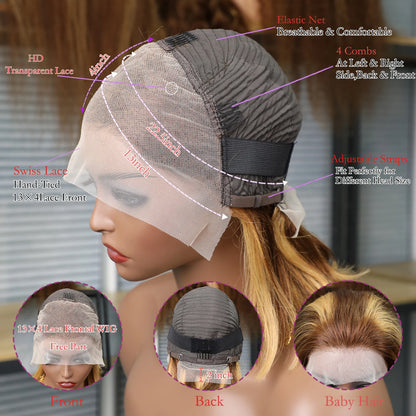13x4 Transparent Lace Front Bob Wig Human Hair Ombre Honey Blonde