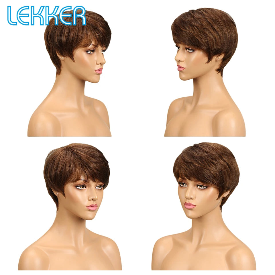 Lekker Colored Short Pixie Cut Straight Bob 100% Human Hair Wigs With Bangs For Women Brazilian Remy Hair Burgundy Red Clearance