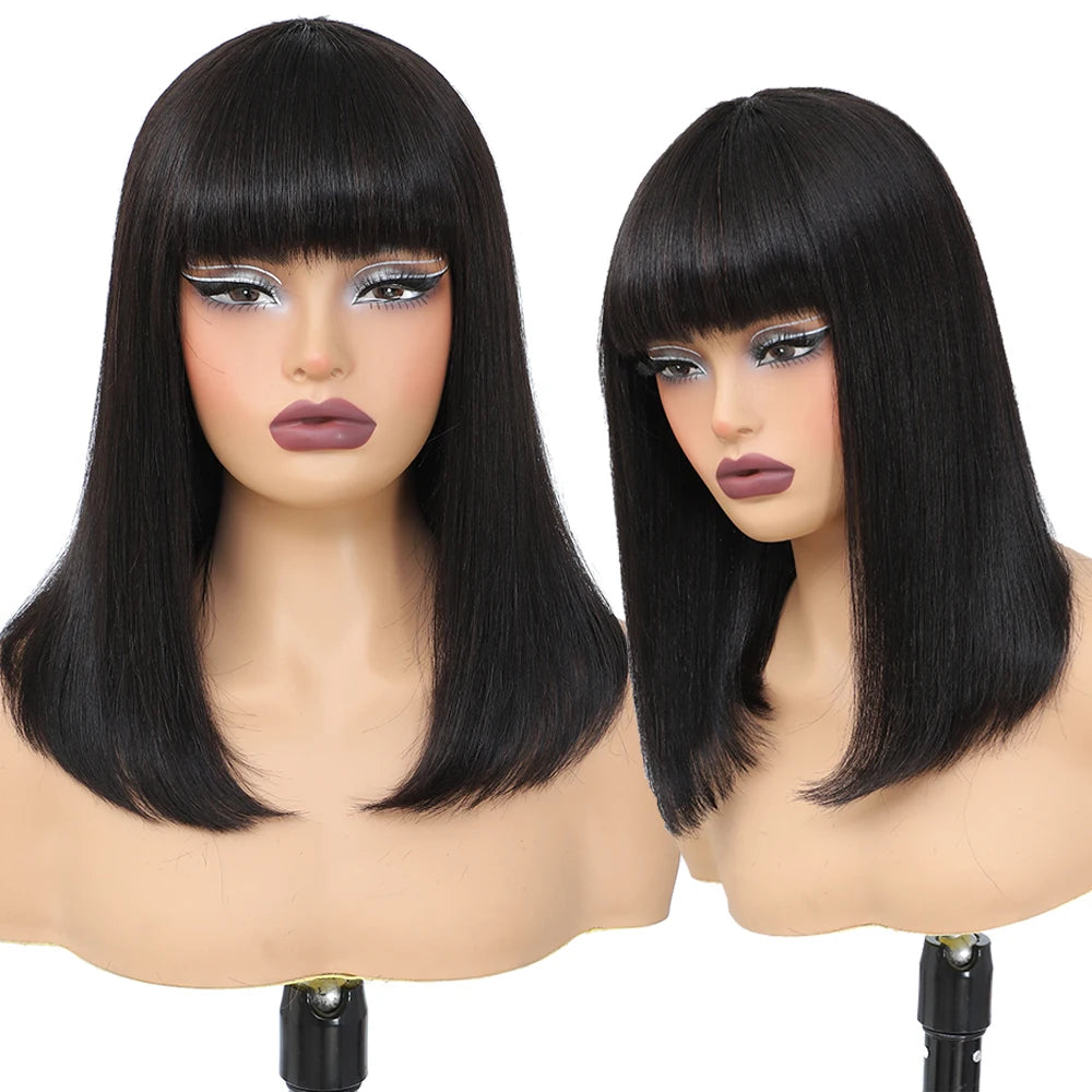Short Bob Wig with Bangs Straight Human Hair 180% Density