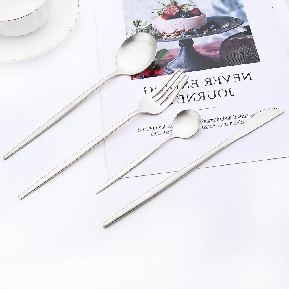 16Pcs Gold Matte Cutlery Set Knife Fork Spoons Dinnerware Set Stainless Steel Tableware