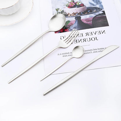 16Pcs Gold Matte Cutlery Set Knife Fork Spoons Dinnerware Set Stainless Steel Tableware