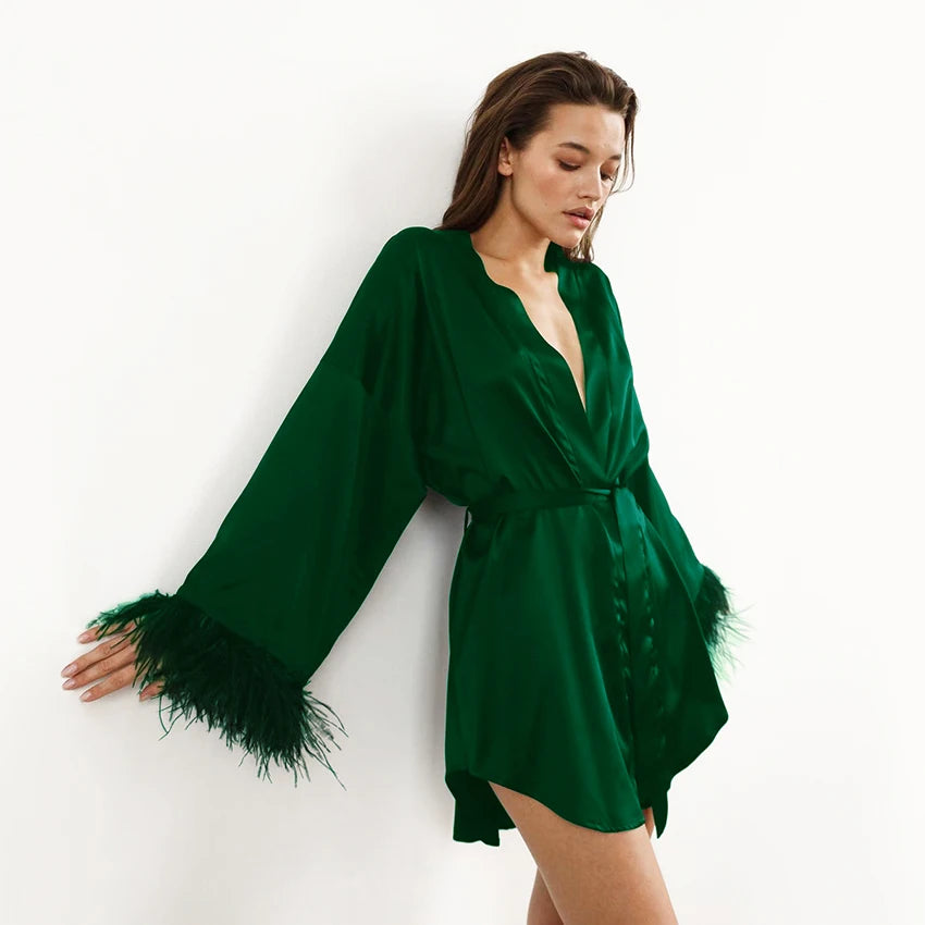 Feather Bathrobes Satin Sexy Mini Dress Long Sleeve