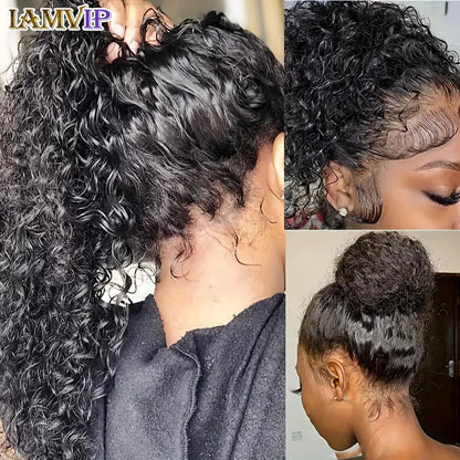 30-36 Inch 360 Full Invisi Strap Drawstring Sung Hd Lace 250 Density Water Kinky Curly Deep Human Hair Wig Black Glueless