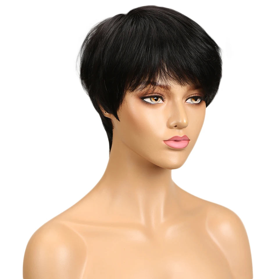 Lekker Colored Short Pixie Cut Straight Bob 100% Human Hair Wigs With Bangs For Women Brazilian Remy Hair Burgundy Red Clearance
