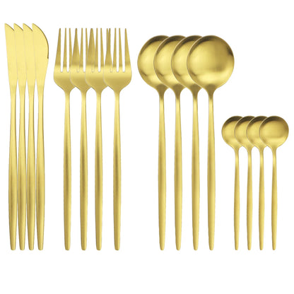 16Pcs Gold Matte Cutlery Set Knife Fork Spoons Dinnerware Set Stainless Steel Tableware