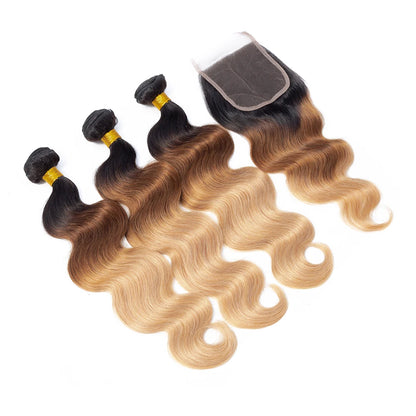 Ombre Color Body Wave Human Hair Bundles with closure 100% Unprocessed Virgin Hair 1b/4/27 Colored Bundles human Hair Extension