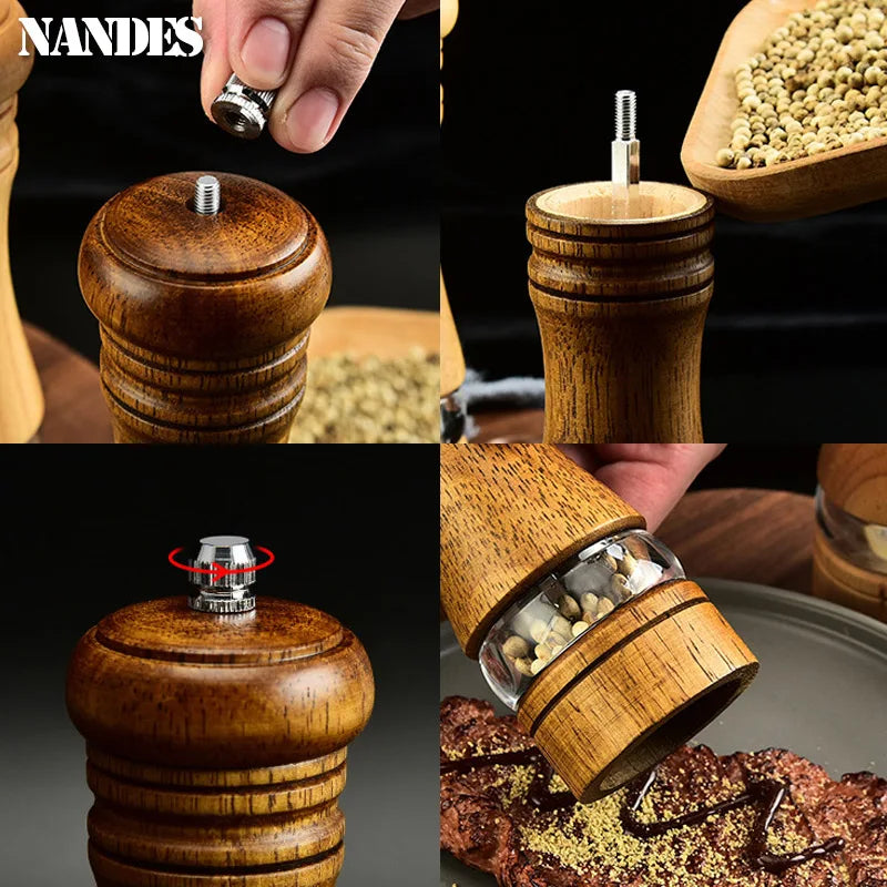 6-inch Manual Pepper Grinder Rubber Wood Acrylic Salt Shakers