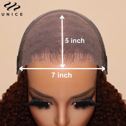 UNice Hair Reddish Brown Curly Wig With Invisi Drawstring 7x5 Lace Pre Cut Pre Bleached Glueless Wig Human Hair 150% Density