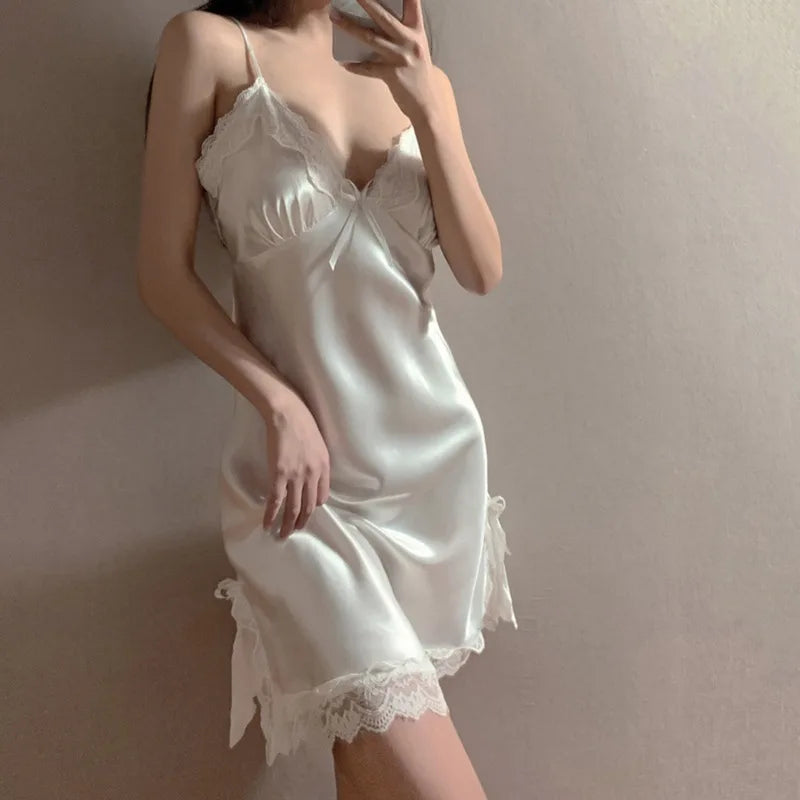 Women Sexy Lace V-neck Silk Sleepwear