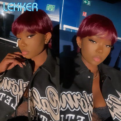 Lekker Colored Short Pixie Cut Straight Bob 100% Human Hair Wigs With Bangs For Women Brazilian Remy Hair Burgundy Red Clearance