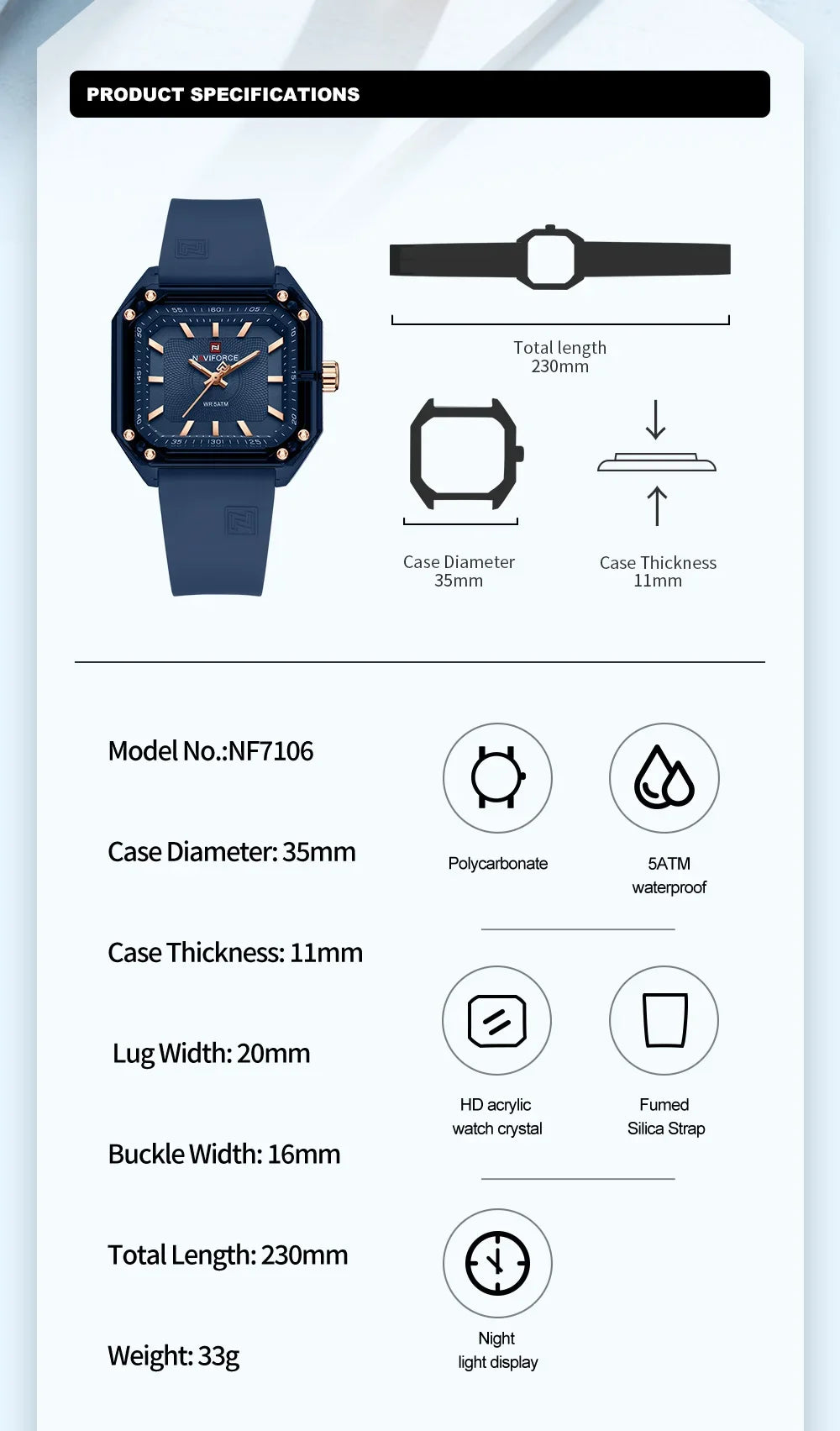 NAVIFORCE NF7106 Fashion Watch Simple Square Dial Silicone Strap Quartz