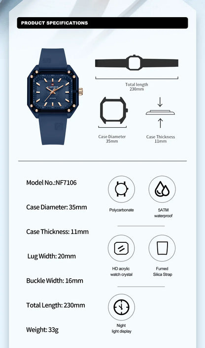 NAVIFORCE NF7106 Fashion Watch Simple Square Dial Silicone Strap Quartz