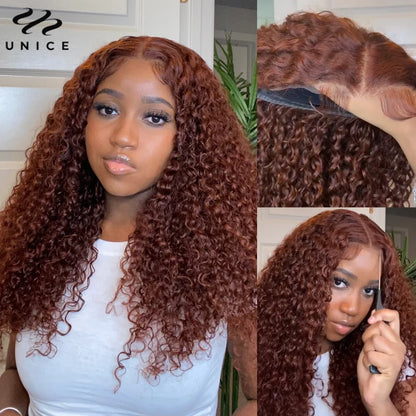 UNice Hair Reddish Brown Curly Wig With Invisi Drawstring 7x5 Lace Pre Cut Pre Bleached Glueless Wig Human Hair 150% Density