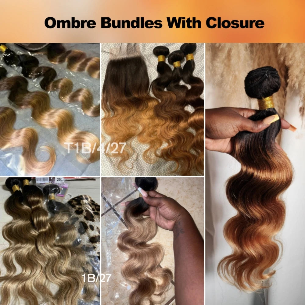 Ombre Color Body Wave Human Hair Bundles with closure 100% Unprocessed Virgin Hair 1b/4/27 Colored Bundles human Hair Extension