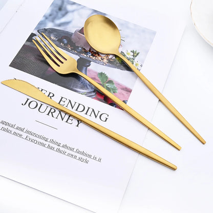16Pcs Gold Matte Cutlery Set Knife Fork Spoons Dinnerware Set Stainless Steel Tableware