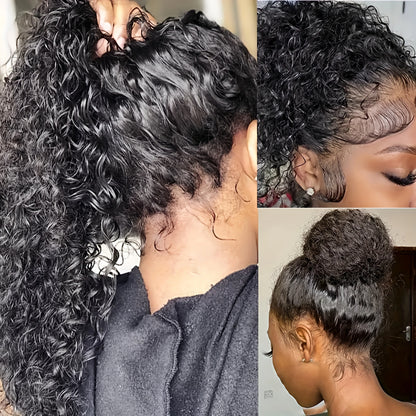 30-36 Inch 360 Full Invisi Strap Drawstring Sung Hd Lace 250 Density Water Kinky Curly Deep Human Hair Wig Black Glueless