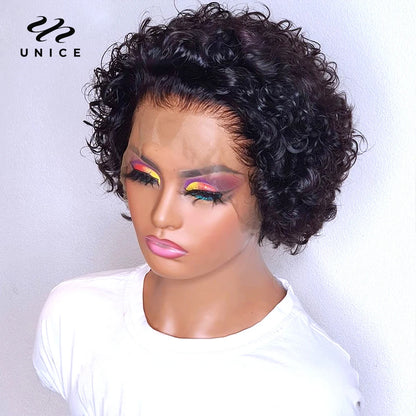 13x1 Lace Pixie Cut Wig 100% Human Hair Short Curly Wigs for Women Wavy Afro Wigs