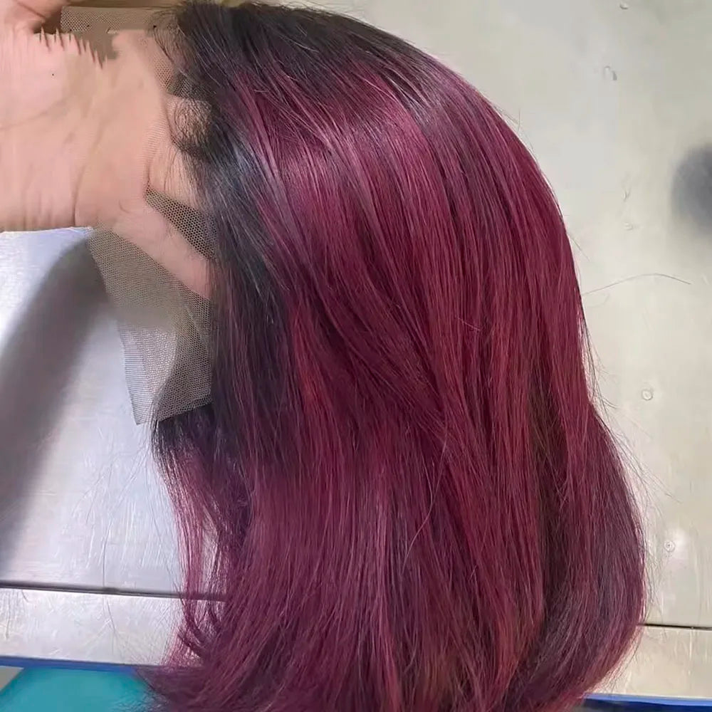 Burgundy Red Straight Bob T Part Lace Front Human Hair Wig