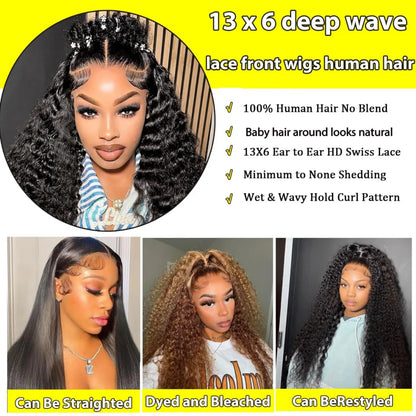 Deep Wave Human Hair Wigs 13X6 Hd Lace Frontal Wig Water Wave Lace Front Wigs Curly Brazilian Wigs 200 Density 40 Inch For Women