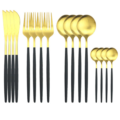 16Pcs Gold Matte Cutlery Set Knife Fork Spoons Dinnerware Set Stainless Steel Tableware