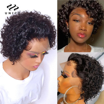 13x1 Lace Pixie Cut Wig 100% Human Hair Short Curly Wigs for Women Wavy Afro Wigs
