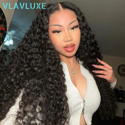 Glueless Curly Deep Wave Human Hair Wigs 13×6 HD Transparent Lace Frontal Wigs 250% Density 36 Inches Natural Black Colored Wigs