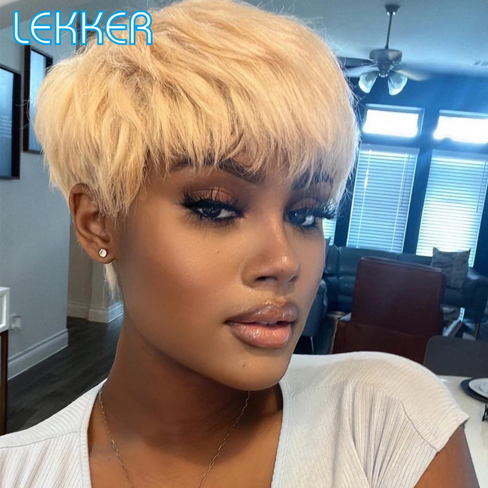 Lekker Colored Short Pixie Cut Straight Bob 100% Human Hair Wigs With Bangs For Women Brazilian Remy Hair Burgundy Red Clearance