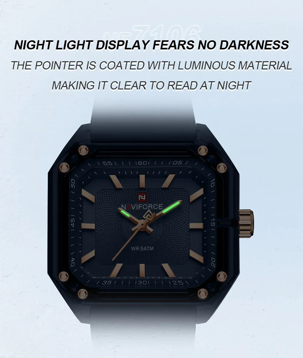 NAVIFORCE NF7106 Fashion Watch Simple Square Dial Silicone Strap Quartz