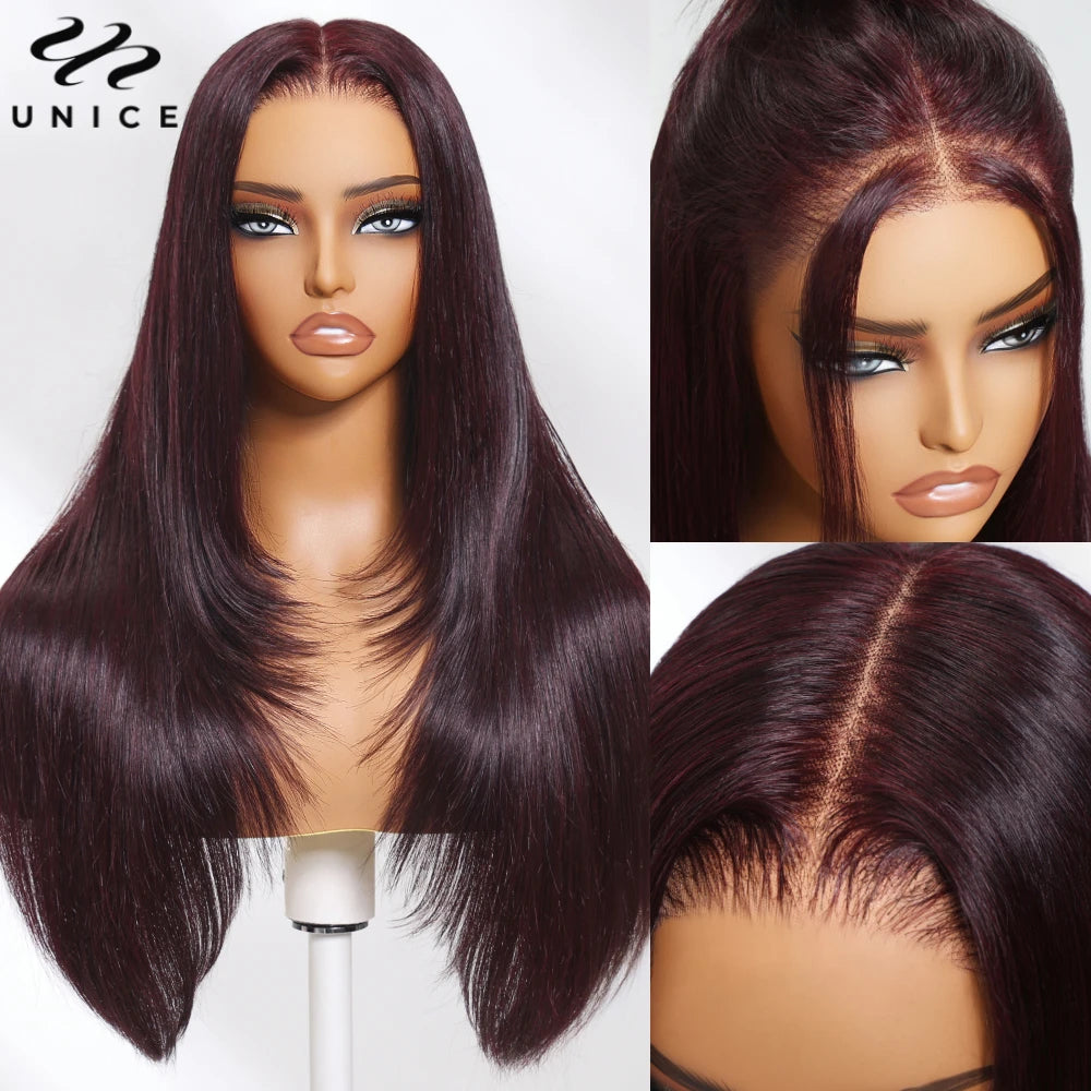 UNICE Black Cherry Colored Human Hair Wigs 7x5 & 13x4 Pre Cut Pre Bleached Glueless Wig Human hair Ready To Wear 150% Density