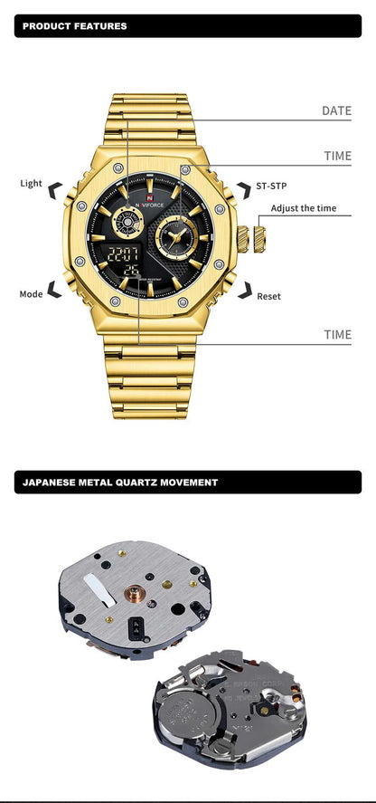 NAVIFORCE Men's Sport Watch Stainless Steel Strap Waterproof Quartz