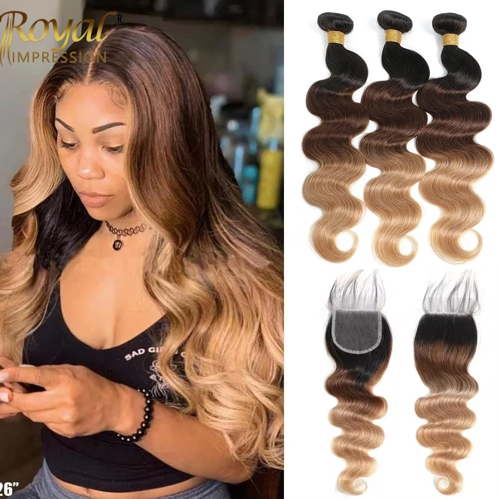Ombre Color Body Wave Human Hair Bundles with closure 100% Unprocessed Virgin Hair 1b/4/27 Colored Bundles human Hair Extension