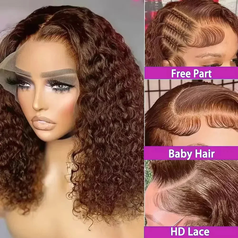 13x4 Lace Front Wigs Brazilian Dark Brown Curly Bob Wig Short Deep Wave Human Hair